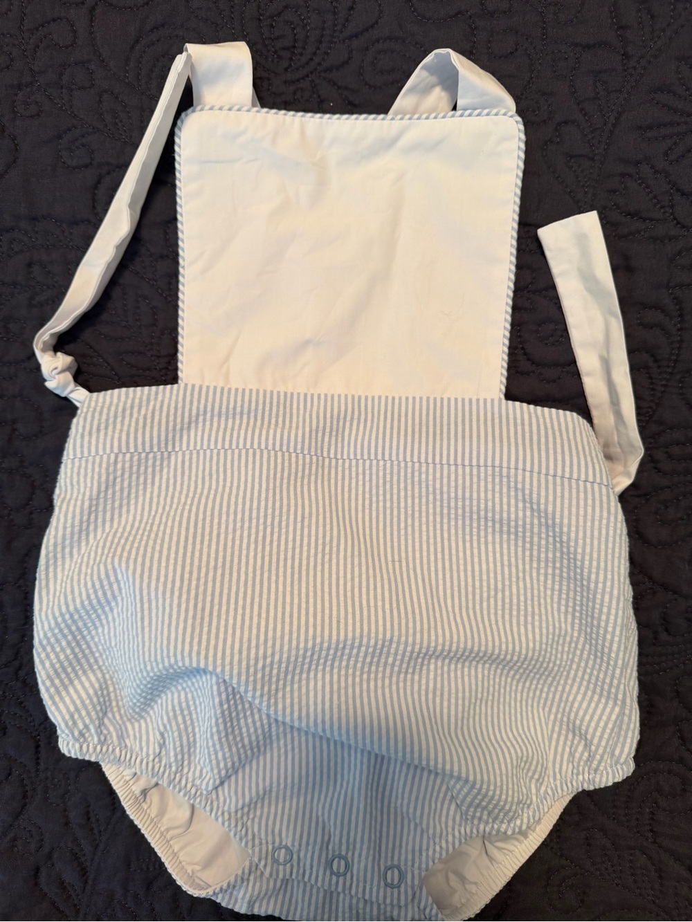 The Beaufort Bonnet Company Light Blue & White Striped Baby Romper bubble